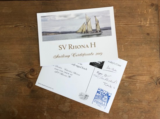 A sailing certificate from the wooden ship SV Rhona H