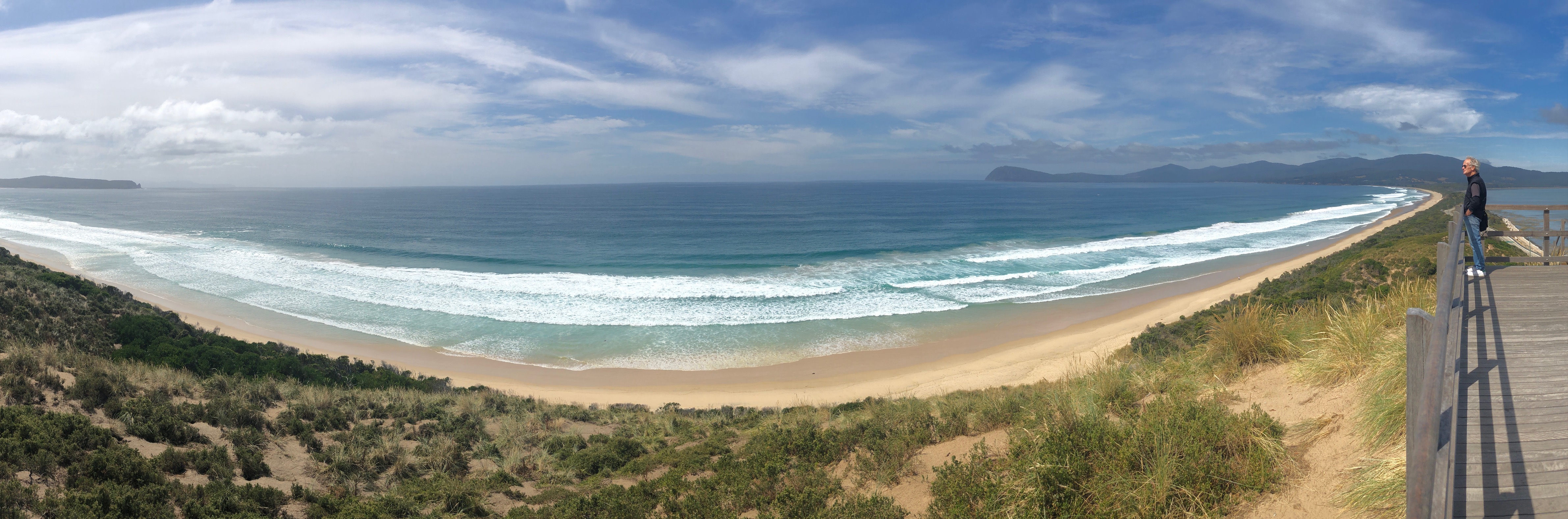 A man standing overlooking the Neck at Bruny Island
