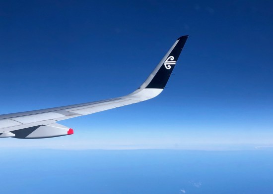 An Air New Zealand wing tip with blue sky behind