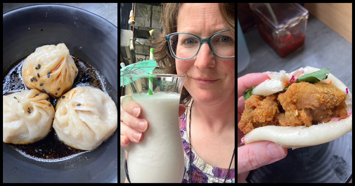 Three photos in a collage showing dumplings, a woman holding a drink, and a bao bun with friend chicken