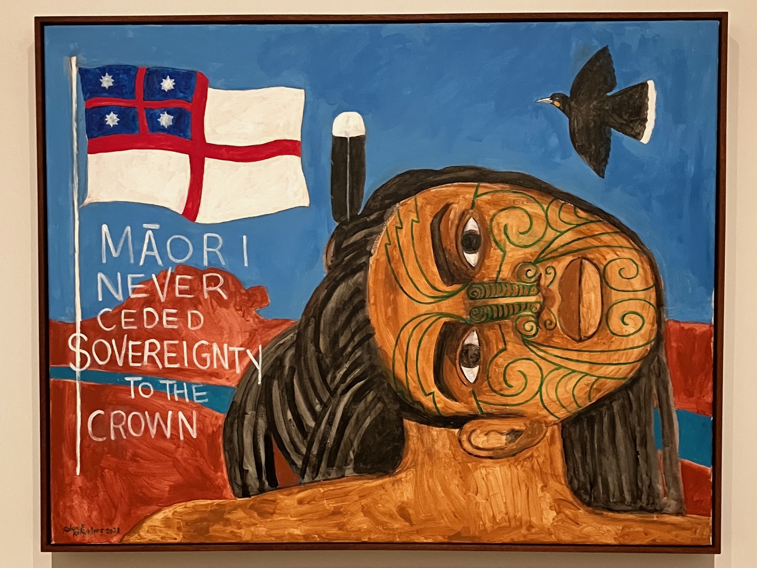Image of an artwork in Christchurch Art Gallery with the text Maori Sovereignty Never Ceded to the Crown