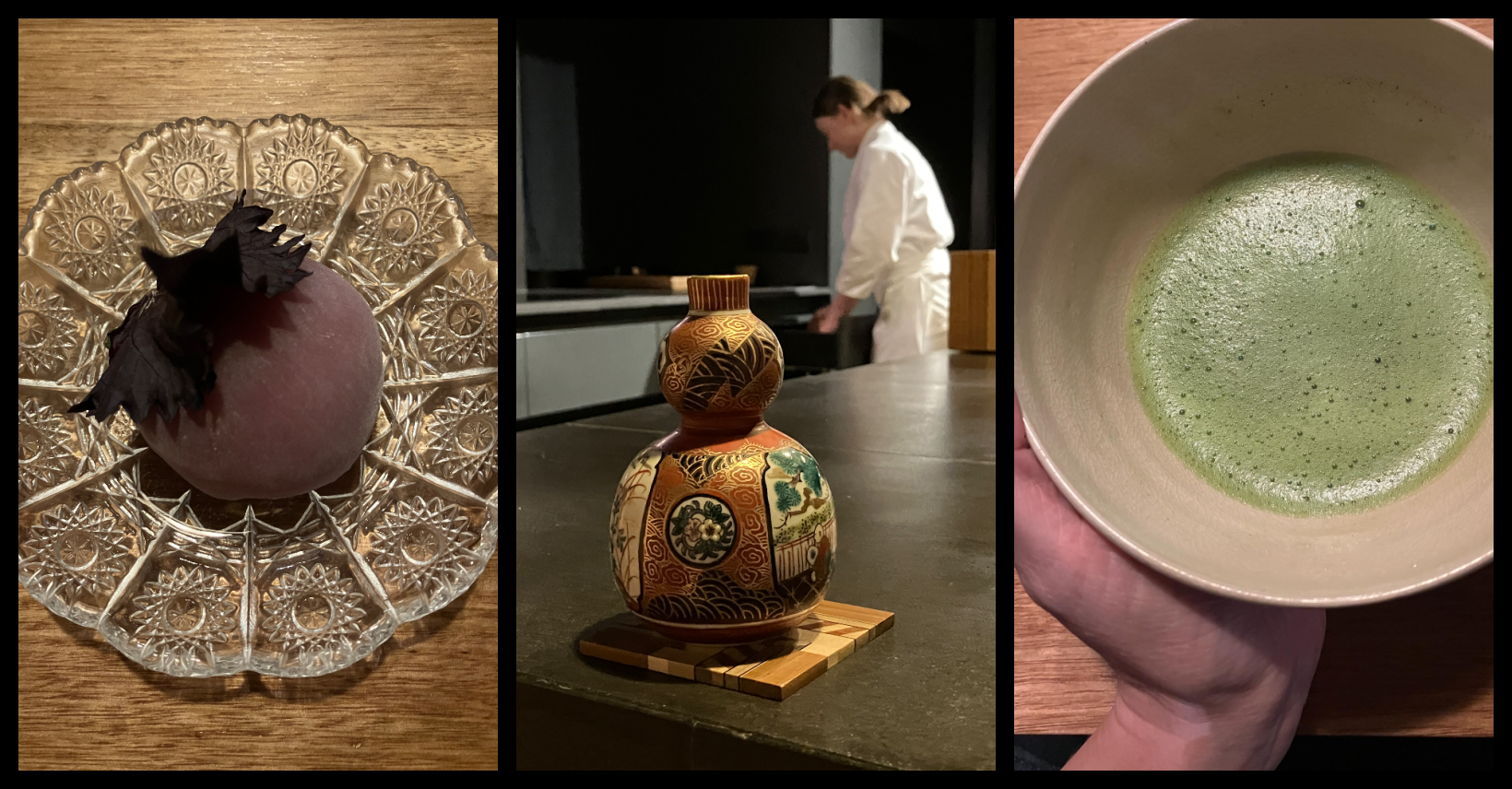 A trio of images taken at Omotenashi restaurant in Hobart, showing a mochi, a sake flask, and a cup of matcha
